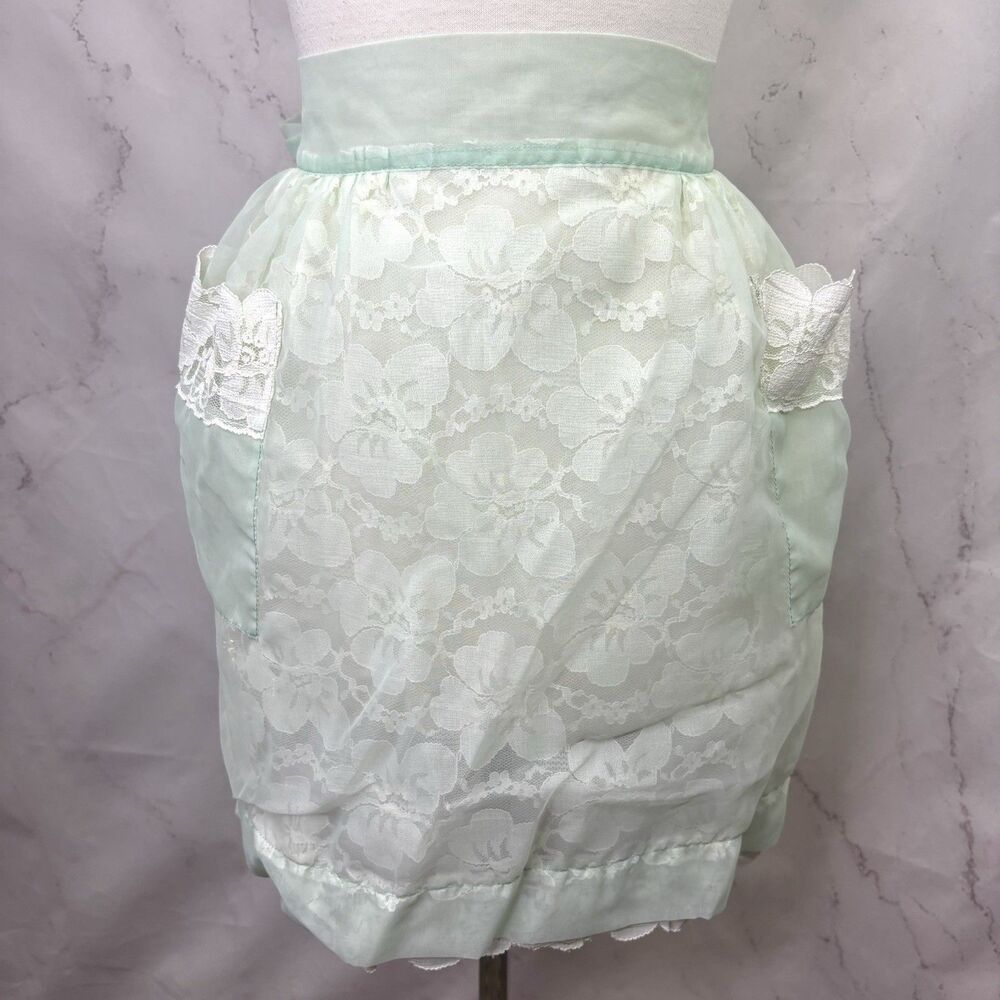 Vintage 60s Chiffon Half Apron Mint Green Lace Floral 70s pocket Romantic MCM